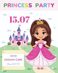 Invitation for Happy Birthday party. Cute princess stands in front of a fairytale castle. Template, Poster, Banner, Flyer, Greeting Card. Vector illustration in flat cartoon style.