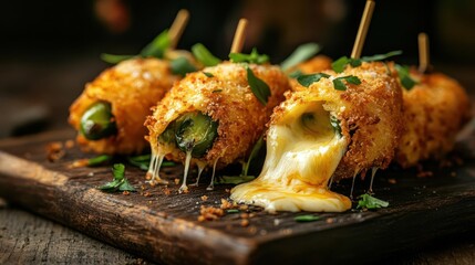 gourmet appetizer photography of crispy jalapeno poppers melting cheese pull moody lighting rustic wooden surface food styling with garnish