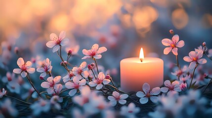Illuminated candle amidst blooming cherry blossoms at sunset; evokes peace and remembrance