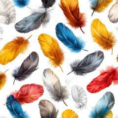 Obraz premium Dynamic arrangement of colorful feathers creative studio digital art vibrant palette aerial view movement concept