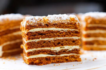 Traditional layered honey cake slices.