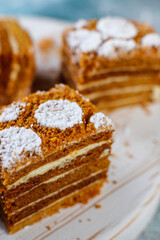 Traditional layered honey cake slices.