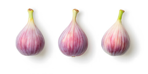 Three ripe figs arranged in a row against a clean white background.  The figs display beautiful purple and pale pink hues.
