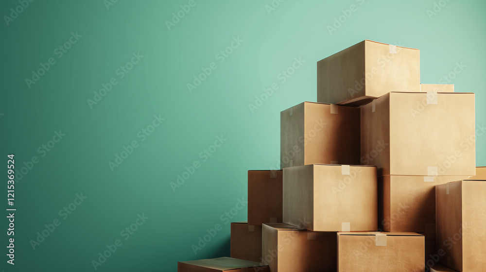 Poster Stack of cardboard boxes is standing in front of a green wall