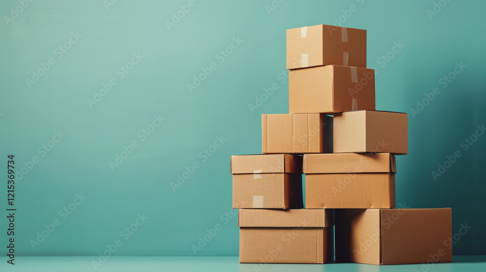 Poster disorganized stack of cardboard boxes on floor with teal wall in background