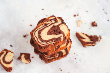 Homemade traditional marble pound cake.