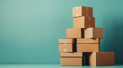 Obraz premium Disorganized stack of cardboard boxes on floor with teal wall in background