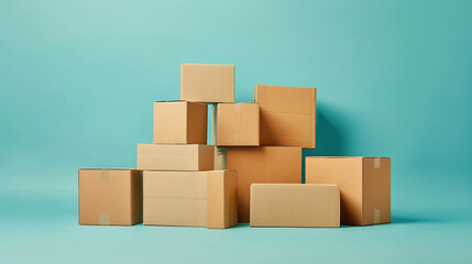 Stacked pyramid of cardboard boxes on turquoise background, conveying ideas of moving, storage, or delivery