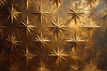 Intricate gold star pattern embossed on a dark brown textured background.