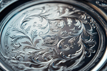 Intricate silver plate showcasing ornate floral designs, reflecting light beautifully.