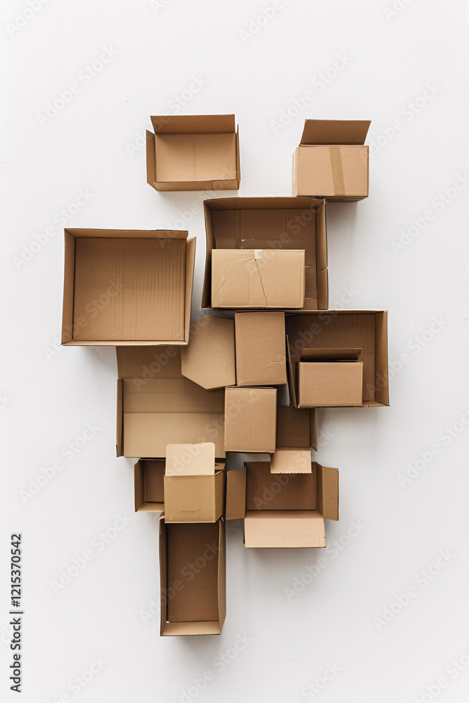 Poster Various sizes of open cardboard boxes are spread out on a white surface