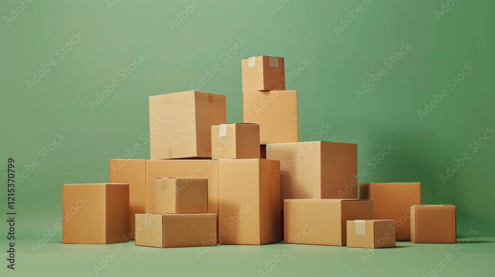 Aufkleber Many cardboard boxes of various sizes are stacked in front of a green background
