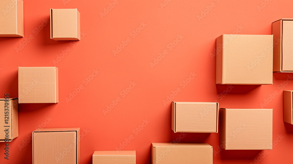 Poster Cardboard delivery boxes of various sizes arranged on a vibrant coral background in a minimalistic composition