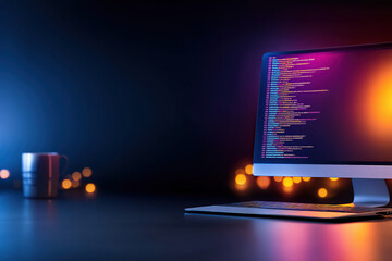 Coding workspace with computer displaying programming lines and creative lighting effects