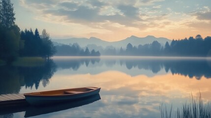 Wooden rowing boat resting by a jetty on a tranquil lake at dawn, reflecting misty mountains and soft pastel hues of the sunrise sky, creating an idyllic scene