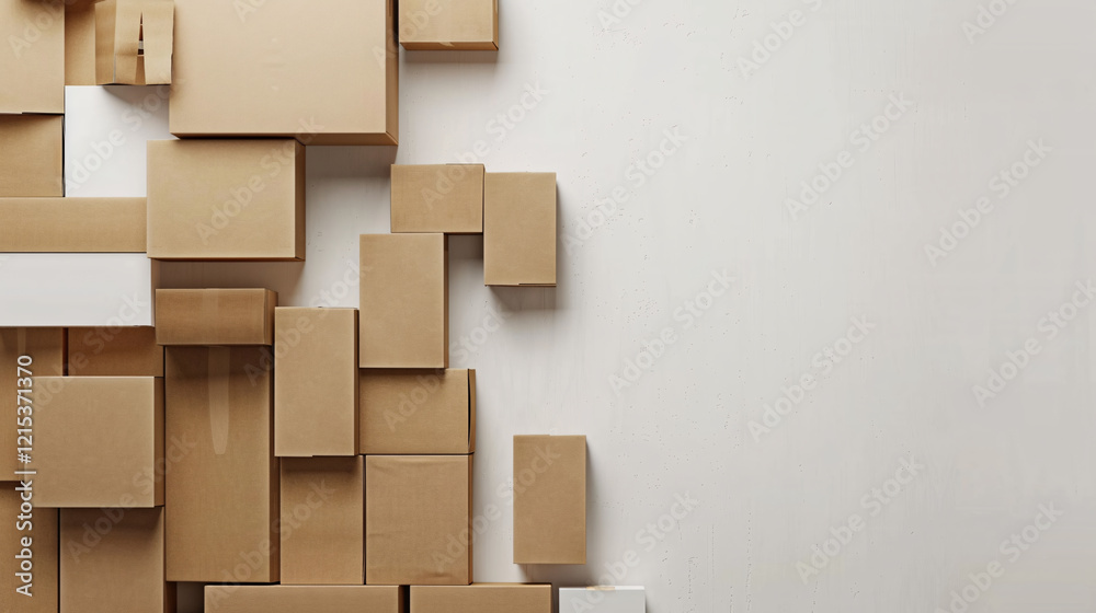 Aufkleber Simple abstract background featuring a large stack of various-sized cardboard boxes on a white backdrop with space for text