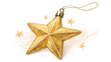 Fototapeta premium A charming watercolor illustration features a golden star Christmas ornament
