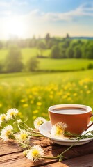 Cup of tea and dandelion flowers on wooden table in nature