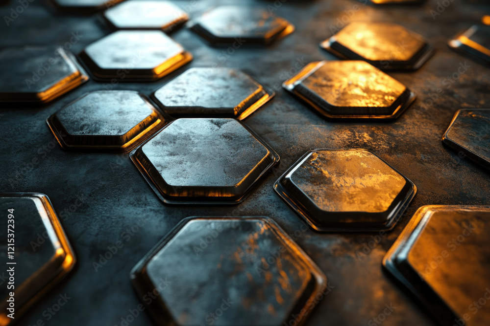 Poster a close-up of a dark, metallic honeycomb pattern with a textured surface and warm lighting accents.