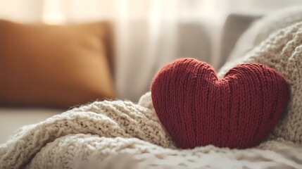 Cozy knitted heart on sofa, sunlit living room, romantic atmosphere, Valentine's Day card
