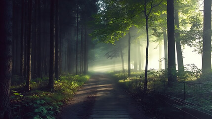 Fototapeta premium Mystical sunbeams pierce the fog in this enchanting forest path image. Perfect for illustrating tranquility, nature, mystery, or travel. Use it for websites, book covers, or calming wall art.