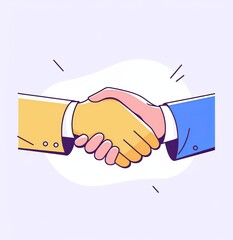 Two hands shaking on a white background with blue and yellow accents, symbolizing partnership, agreement, and unity.