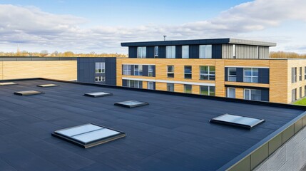 Flat roof, skylights, modern building, sunny day, cityscape, architectural design, real estate