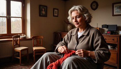 Fototapeta premium Elderly woman crafting with yarn in cozy village room, creativity