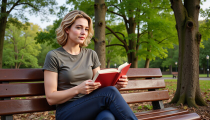 Obraz premium Village woman reading on a bench surrounded by trees, peaceful escape