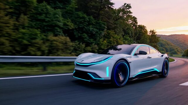 Future electric car moving on city highway nature landscape. Autonomous driving concept. Modern transportation and innovation. Artificial intelligence technology concept. Ai system