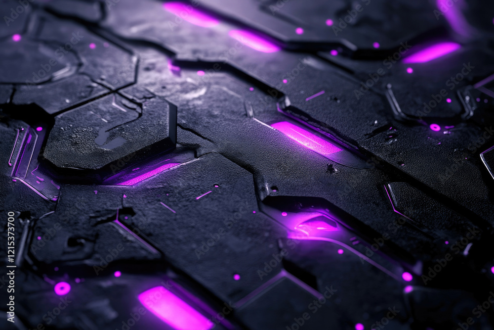 Poster abstract close-up of dark, textured surface with glowing purple lines, futuristic and technological.
