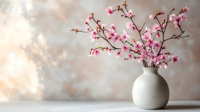 Pink cherry blossoms in vase, sunlight backdrop, spring scene, home decor - Powered by Adobe