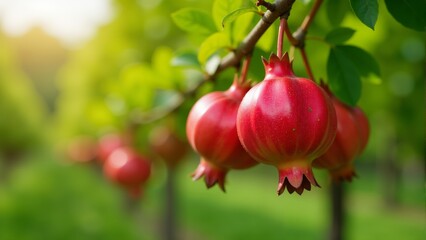 Vibrant pomegranates hang from branches in a sunlit orchard filled with lush greenery