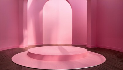 a pink room with a circular floor and pink walls background for display your product podium mock up for product presentation