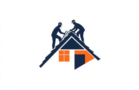 two roofers working on a house roof, with orange and navy blue color 