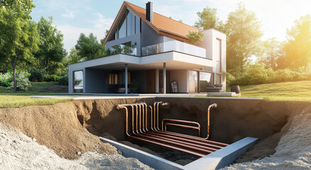 Beneath the lush landscape, pipes are being installed for a geothermal heating system at a modern home. This sustainable project utilizes natural energy to heat the residence efficiently.
