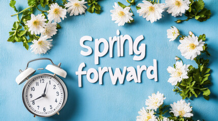 Daylight saving Time, Spring forward, Summer back concept with clock on light background and springtime flowers