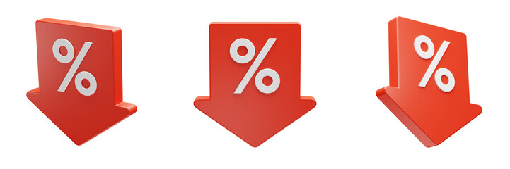 set of red 3d price sale tag arrow icons with percent sign on them