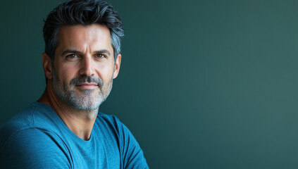 Obraz premium An average-looking man with a beard sits calmly against a solid backdrop. He wears a blue shirt and has a pleasant expression that suggests confidence and ease.