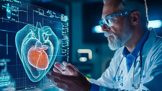 Senior Caucasian male researcher analyzing D heart model high tech lab late evening Scientist examines cardiac simulation Medical professional engaged innovative research Expert studies virtual