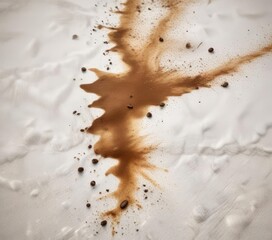 Coffee spill on white carpet with visible fiber damage , wet carpet, liquid drop