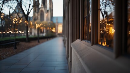 Fototapeta premium Twinkling lights reflect on a sleek sidewalk leading to an illuminated cathedral, creating an inviting urban evening ambiance.