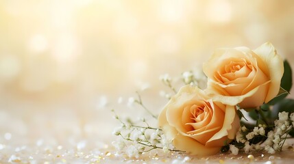 Two peach roses and baby's breath on gold glitter, romantic wedding invitation background