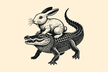 Rabbit riding a crocodile vector illustration in engraving style