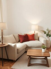 Cozy bedroom interior with couch, lamp, and table, decor, cozy home, minimalist