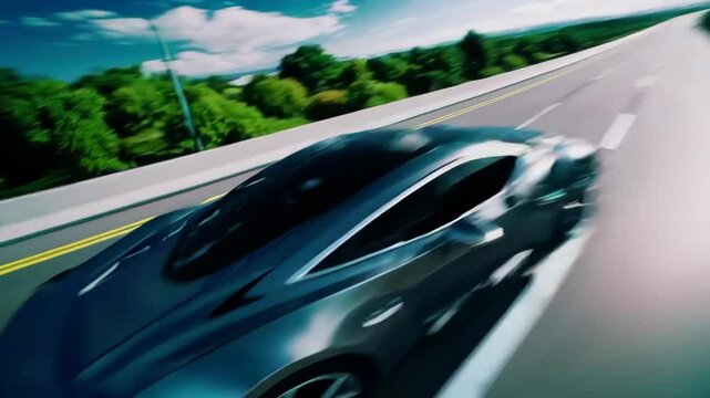 Future electric car moving on city highway nature landscape. Autonomous driving concept. Modern transportation and innovation. Artificial intelligence technology concept. Ai system