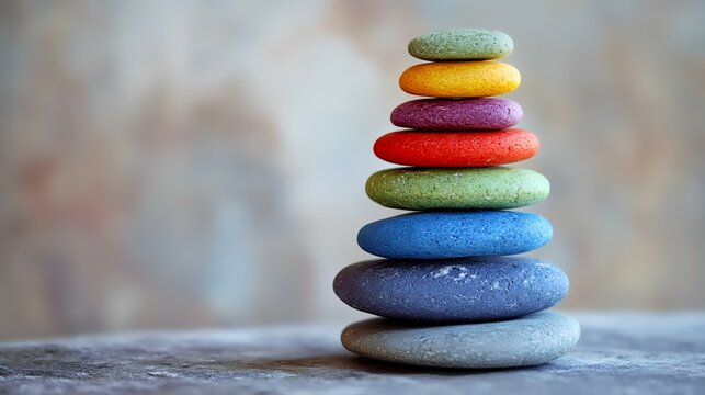 Colorful stones stacked, balance concept, tranquil background, zen garden,  website banner