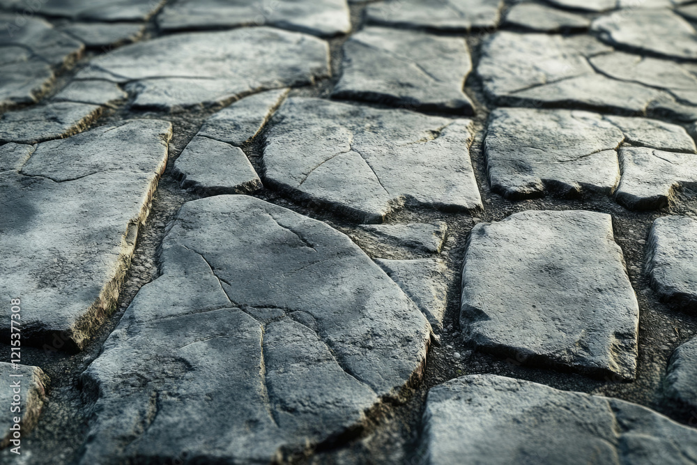 Poster close-up of a textured stone pavement, showing irregular shapes and cracks.