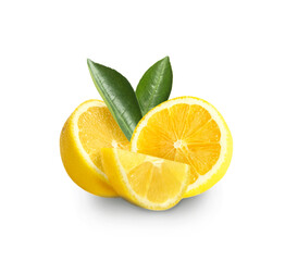 Lemon slices composition isolated on white. Yellow citrus pieces decorated with leaves.