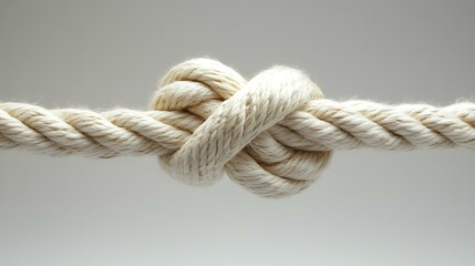 Close-up of a tied rope knot against a neutral background;  concept of connection or teamwork